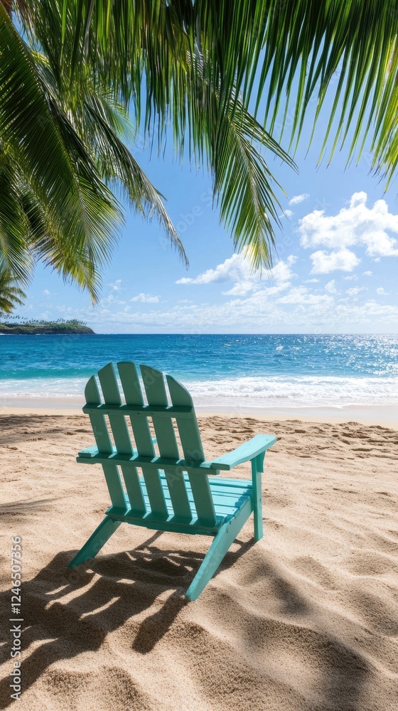 Turquoise beach chair sits on soft sand facing the calm Caribbean Sea, perfect for relaxation under the clear blue sky Turquoise beach chair sits on soft sand facing the calm Caribbean Sea, perfect for relaxation under the clear blue sky