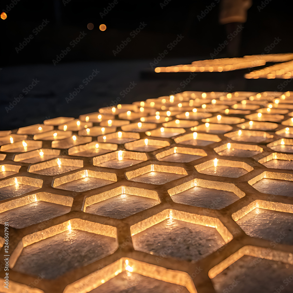 Illuminated hexagonal pavement with warm glowing lights, futuristic cityscape architecture at night Illuminated hexagonal pavement with warm glowing lights, futuristic cityscape architecture at night