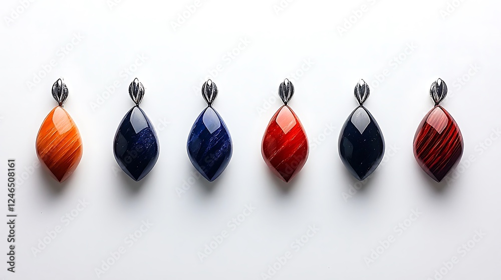 Colorful gemstone pendants arranged in a line on a white background showcasing their unique shapes Colorful gemstone pendants arranged in a line on a white background showcasing their unique shapes