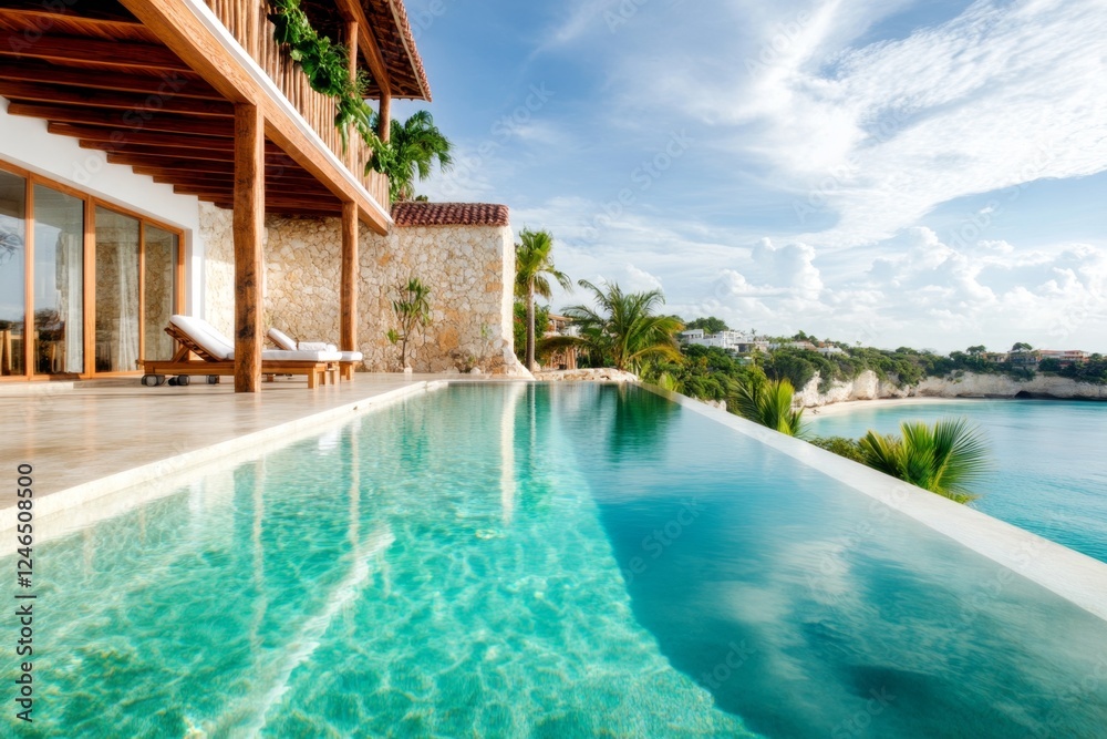 A luxury villa in paradise, with an infinity pool overlooking the ocean and vibrant green foliage all around A luxury villa in paradise, with an infinity pool overlooking the ocean and vibrant green foliage all around