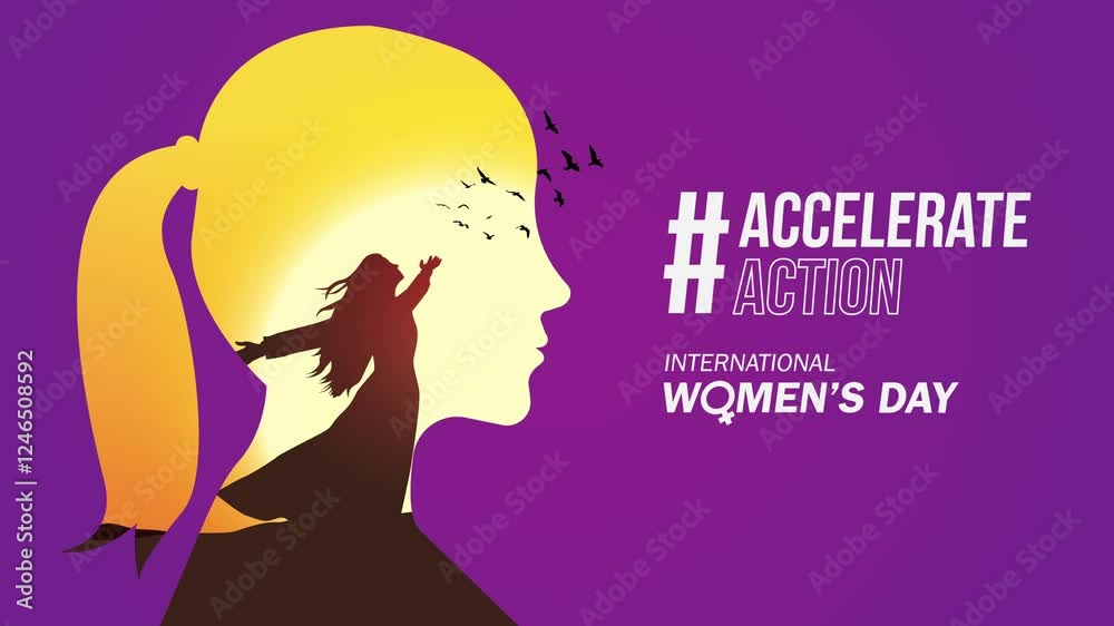 Accelerate action - International women's day concept animation. Woman sign background. 2025 women's day campaign theme - #AccelerateAction
