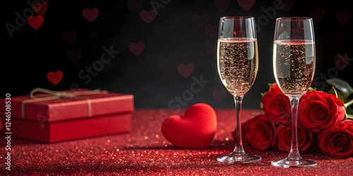 Two elegant champagne glasses filled with sparkling champagne, placed on a surface with shimmering red glitter. The background is a gradient into a rich red, gift box, heart shape bokeh romantic photo