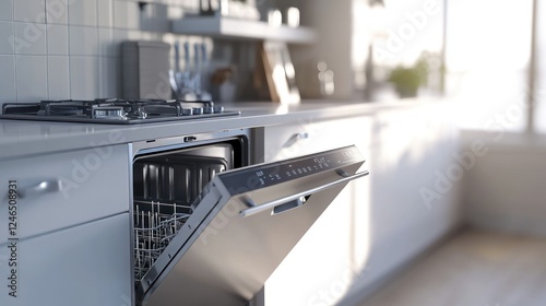 A Scandinavian-style kitchen with minimalist white cabinets and built-in energy-efficient appliances, including a sleek induction stove and whisper-quiet dishwasher, softly lit by natural sunlight.