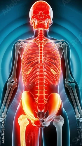 Skeleton with pain inflammation  from head to groin area, vertical video showing pain zones, skeletal system inflammation.

