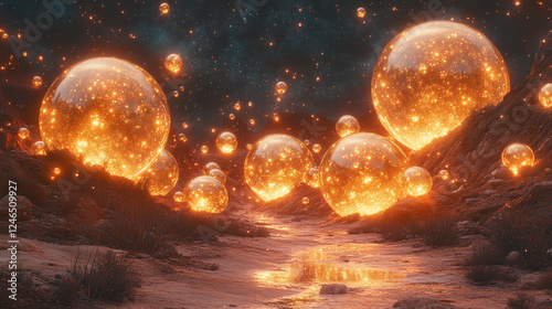 Glowing Orange Spheres in Surreal Desert Landscape Digital Art 3d fire warm light space night scene 