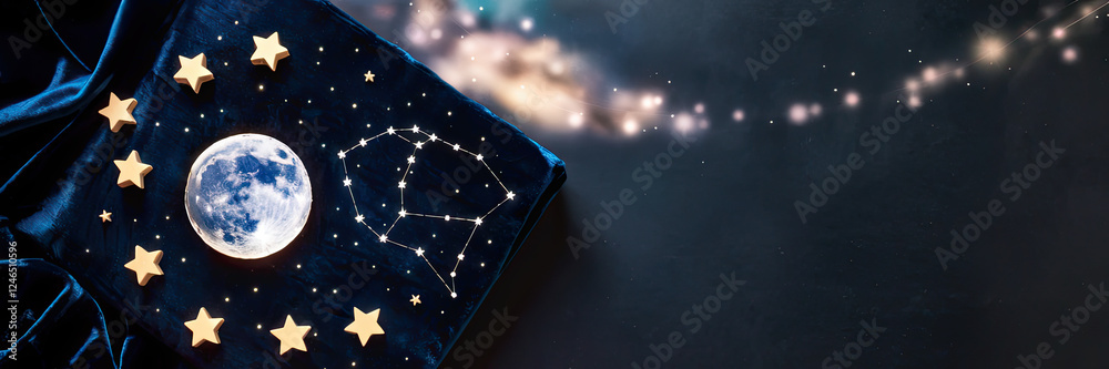 Fototapeta premium Celestial Night Scene Moon Constellation Stars on Dark Blue Velvet