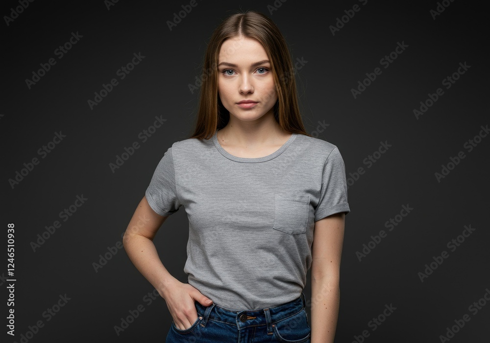 girl wearing grey tshirt posing in studio girl wearing grey tshirt posing in studio