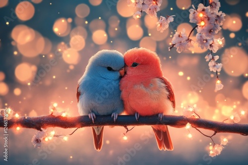 A pair of lovebirds sitting closely together on a branch, their colorful plumage blending beautifully in harmony