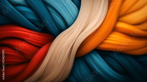 Abstract Digital Artwork of Interwoven Colorful Strands Resembling Silky Hair or Flowing Textures, Representing Creativity, Fluidity, and Artistic Expression
