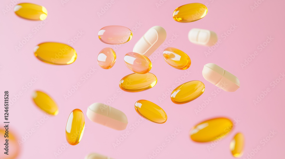 A colorful array of vitamins and supplements scattered against a soft pink background, highlighting health and wellness. A colorful array of vitamins and supplements scattered against a soft pink background, highlighting health and wellness.