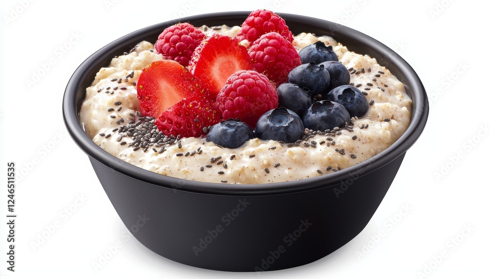 A healthy bowl of oatmeal topped with fresh strawberries, blueberries, and raspberries, sprinkled with chia seeds.