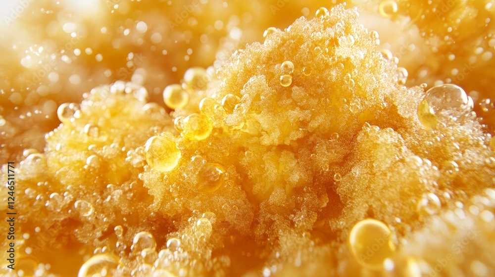 Close-up of golden, bubbly texture resembling a carbonated drink or dessert. Close-up of golden, bubbly texture resembling a carbonated drink or dessert.