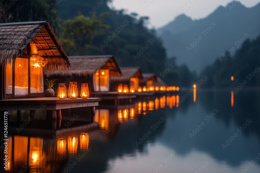 Fototapeta premium A peaceful paradise retreat with bamboo huts over water and lanterns glowing softly at twilight