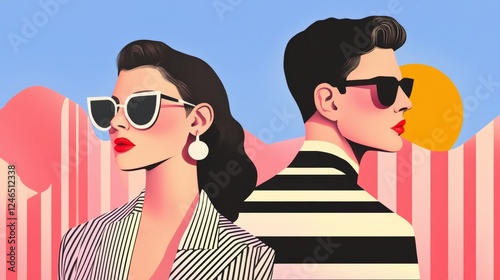 A stylish illustration of a man and woman wearing sunglasses, set against a colorful backdrop featuring mountains and a sun.
