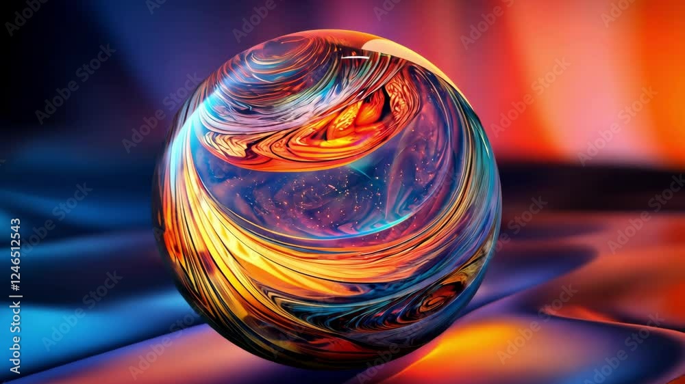 A bright bowling ball with colorful stripes rolls with a motion blur.