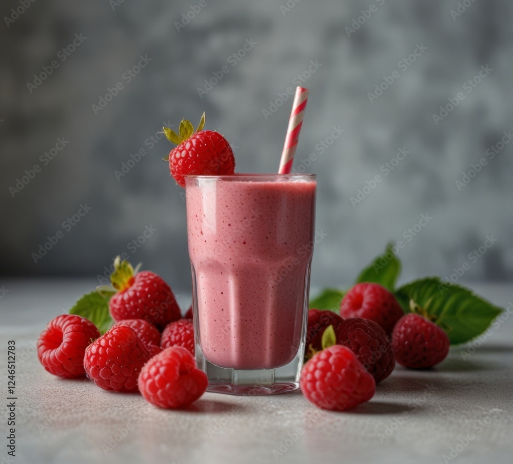 A glass of raspberry smoothie on a light kitchen background