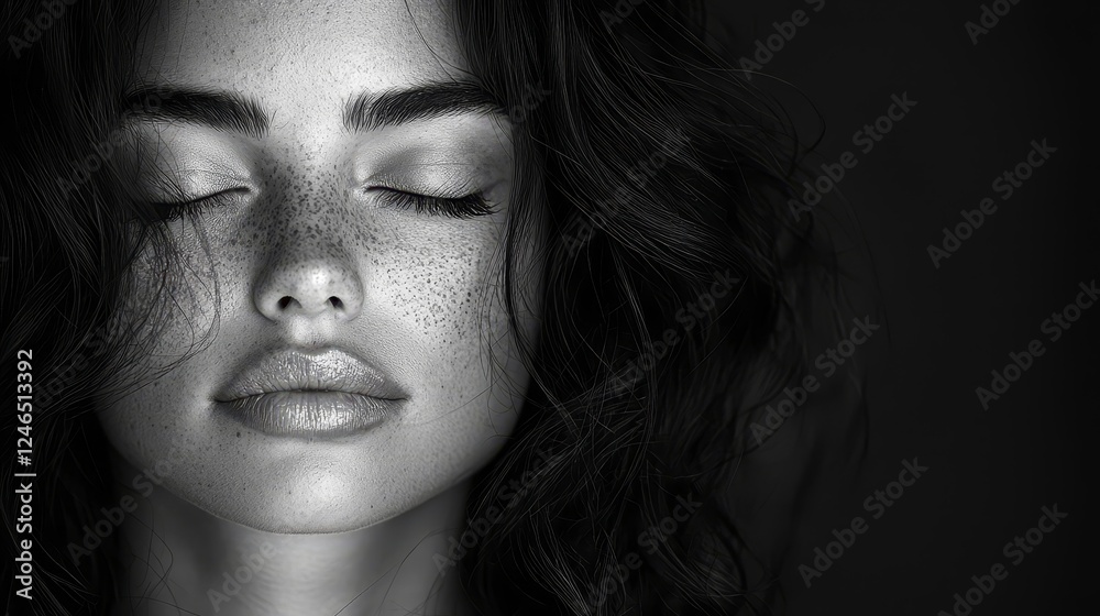 Serene Woman with Flowing Hair in Soft Lighting Black and White Portrait Serene Woman with Flowing Hair in Soft Lighting Black and White Portrait