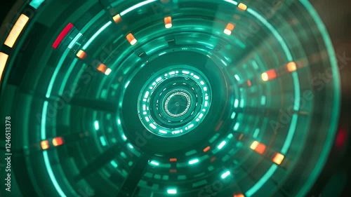 A rotating futuristic energy reactor with glowing neon conduits pulsating light