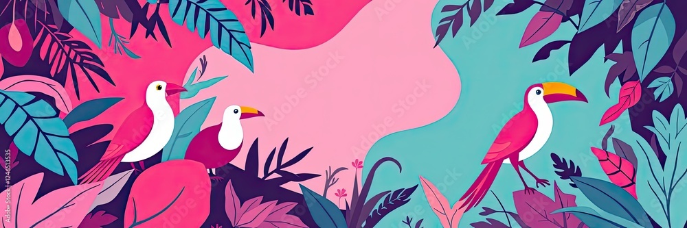 Naklejka premium Vibrant Tropical Birds in Pink and Teal Paradise Lush Foliage Exotic Floral Design