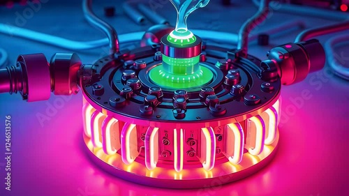 A rotating futuristic energy reactor with glowing neon conduits pulsating with bright, vibrant, and lively colors.