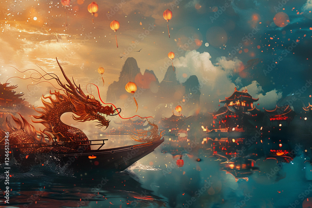 Obraz premium Beautiful holiday composition for happy celebrate chinese dragon boat festival, abstract vivid composition consists of fictional unreal fantastic vision on background