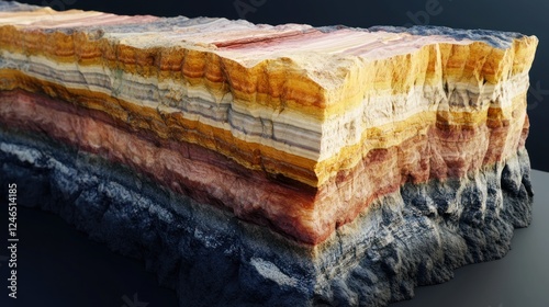 Obraz na płótnie A stunning geological cross-section of layered sedimentary rock, displaying intricate striations, compressed minerals, and realistic depth. Ultra-sharp 4K photography. w salonie