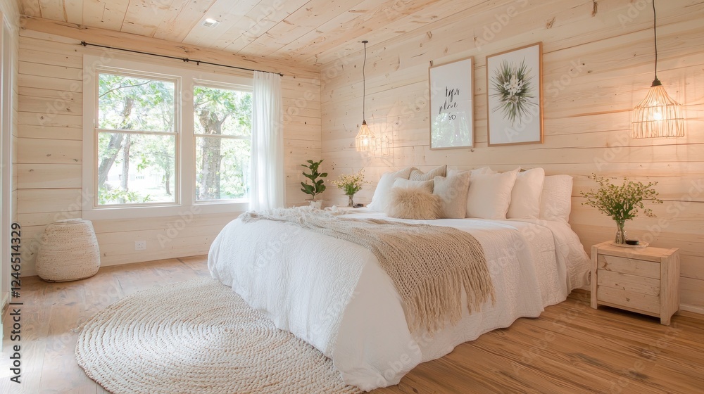 Cozy bedroom, wood walls, natural light, relaxing atmosphere, interior design Cozy bedroom, wood walls, natural light, relaxing atmosphere, interior design