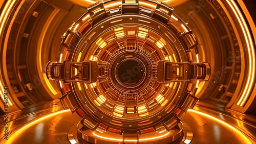 A rotating futuristic energy reactor, warm golden glow, glowing neon conduits pulsating light