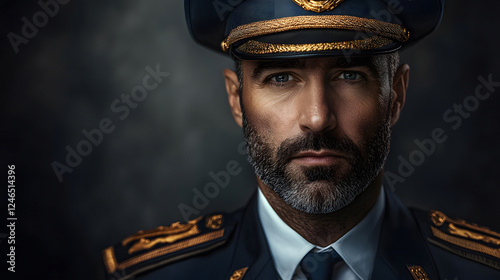 Portrait of Male Pilot in Uniform with Captain Hat Against Solid Background photo