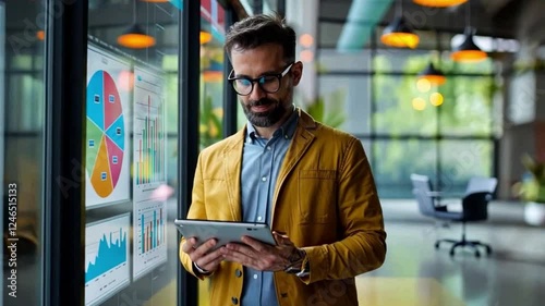 Professional man reviews data on tablet near colorful charts in modern office space
