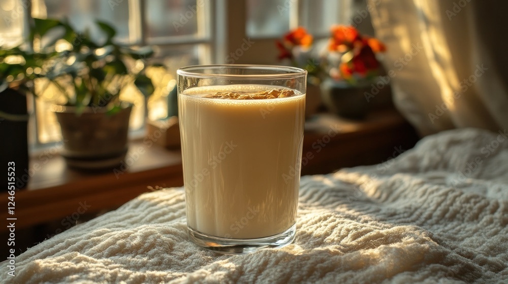 Creamy smoothie, sunlit windowsill, cozy knit blanket, morning drink Creamy smoothie, sunlit windowsill, cozy knit blanket, morning drink
