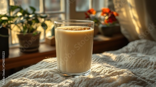 Creamy smoothie, sunlit windowsill, cozy knit blanket, morning drink