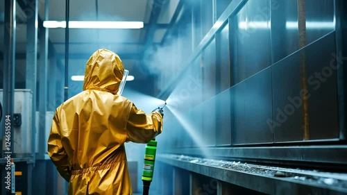 Powder coating process in a factory, focusing on workers in overalls spraying paint on metal parts with a spray gun.