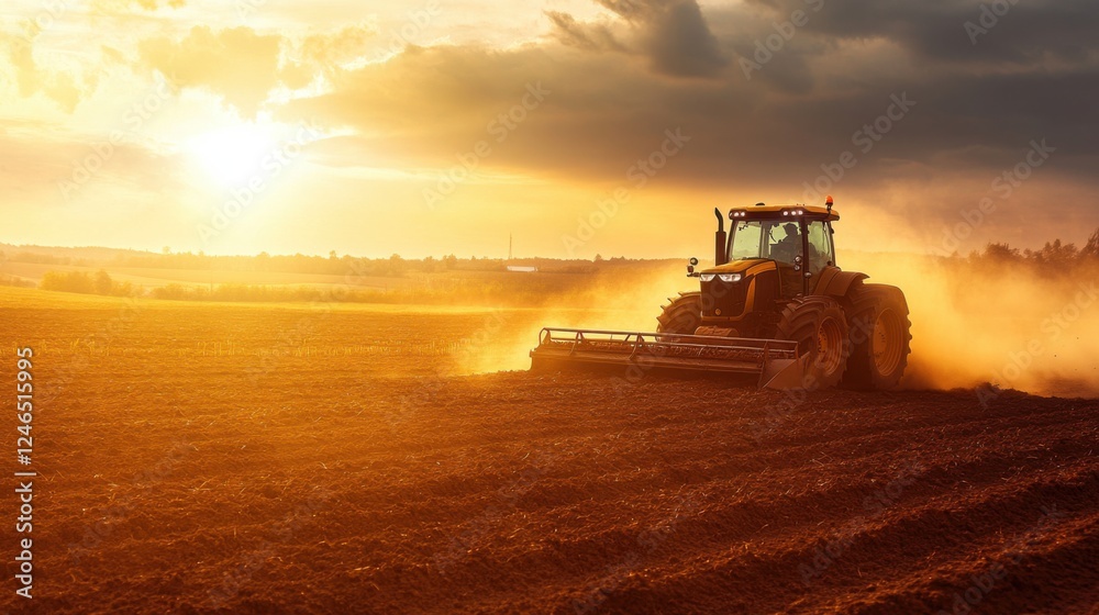 Fototapeta premium Tractor Cultivating Field at Sunset with Dust and Dramatic Sky