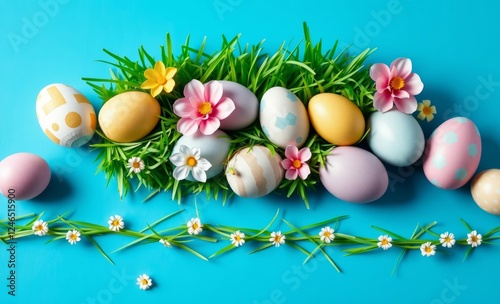 Top view of fresh green grass and decorative paper easter eggs on the modern blue backgroundempty space for text easter border border easter spring decoration background card frame holiday photo