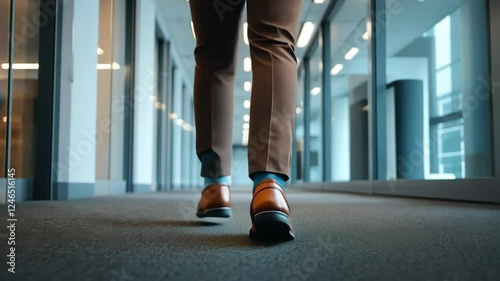 Creative perspective focusing on the feet of a businessman in a brown suit as he walks hurriedly.