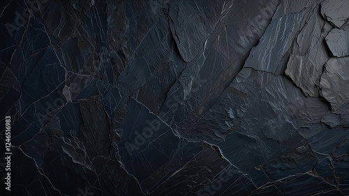 Dark blue slate rock texture background with rough, cracked layers of stone, creating a natural, rugged surface. Ideal for nature, geology, or abstract design projects