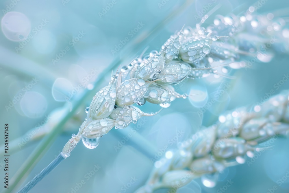 soft tone morning dew on an ear of wheat in nature close up macro in light blue pastel colors reflection soft tone morning dew on an ear of wheat in nature close up macro in light blue pastel colors reflection