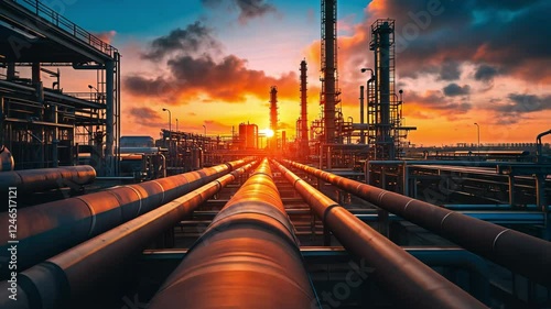 A beautiful industrial landscape of pipelines and towers in petroleum plants against a bright orange sunset sky.