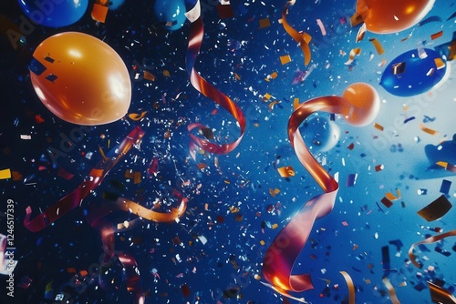 vibrant carnival celebration scene, dynamic composition with floating balloons, swirling ribbons, and shimmering confetti against deep blue backdrop, dramatic lighting, festive atmosphere photo