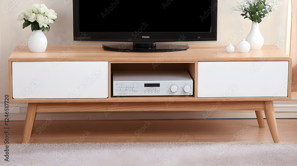 Fototapeta premium Modern wooden tv stand in cozy living room furniture display contemporary style minimalist environment front view