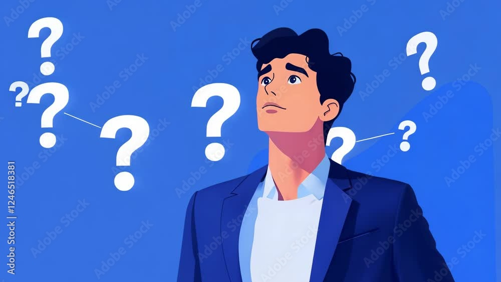A businessman in a blue suit is deep in thought with question marks floating around him, indicating uncertainty. A businessman in a blue suit is deep in thought with question marks floating around him, indicating uncertainty.