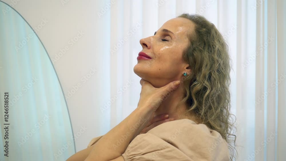 Woman gently applies skin care to neck using upward massage movements. Massage increases elasticity, helping to remove wrinkles and maintain youth concept self-care ritual Woman gently applies skin care to neck using upward massage movements. Massage increases elasticity, helping to remove wrinkles and maintain youth concept self-care ritual