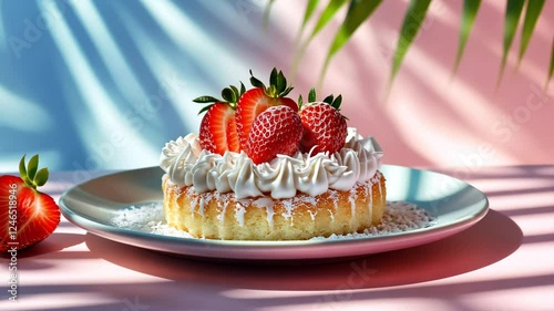 Cake decorated with coconut powder and ripe strawberries on a plate, with a pastel pink and blue background.