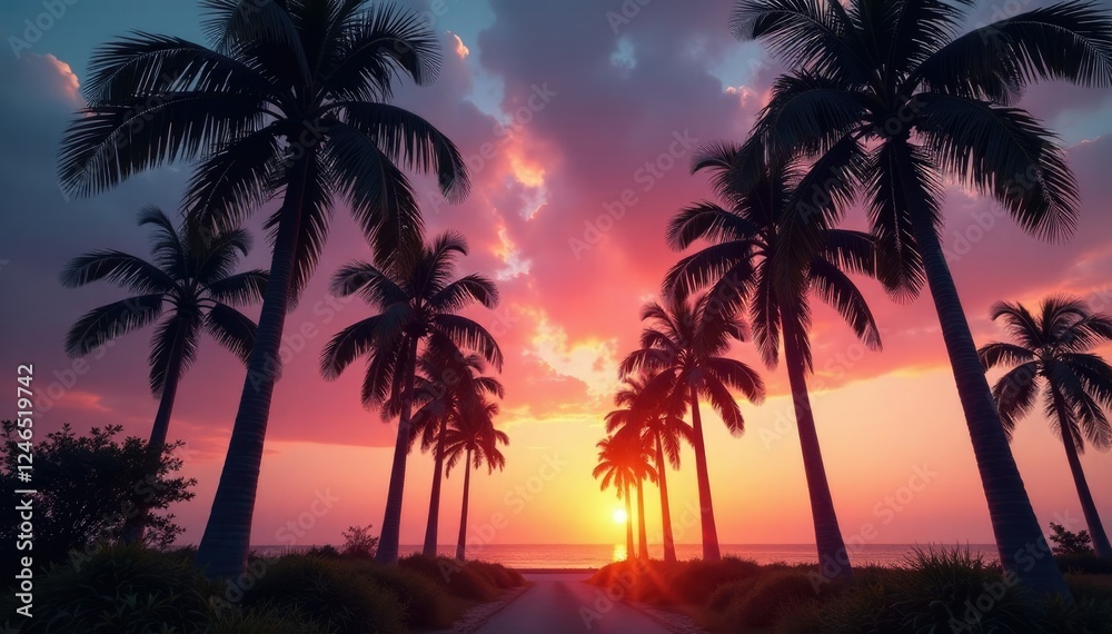 Palm trees swaying gently in the breeze at dusk, palm grove, warm glow Palm trees swaying gently in the breeze at dusk, palm grove, warm glow
