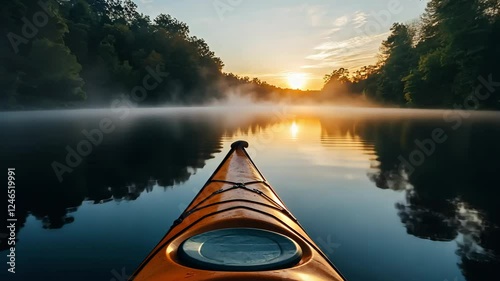 A lone kayak floats gently on a calm lake at dawn.