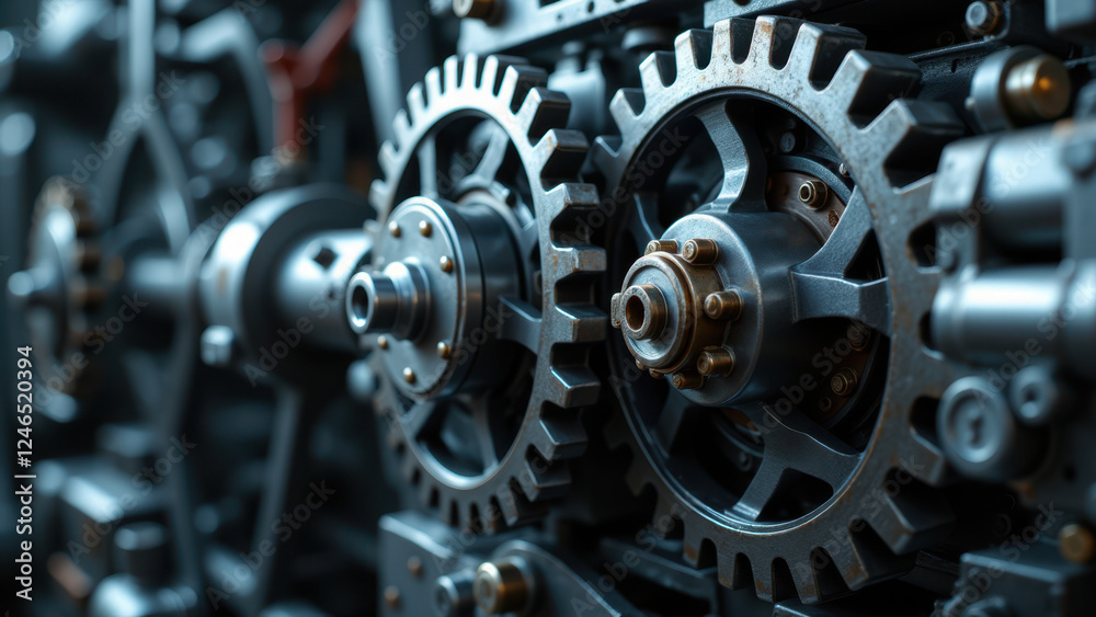 Industrial machinery with a close-up focus on gears. Industrial machinery with a close-up focus on gears.
