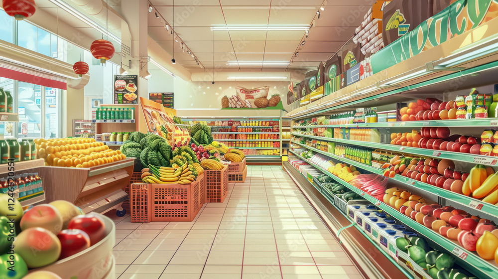 custom made wallpaper toronto digitalSupermarket shopping focused on the details of everyday life, highly detailed and vibrant, realistic yet creative depiction, emphasizing context and action