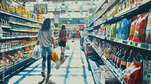 Supermarket shopping focused on the details of everyday life, highly detailed and vibrant, realistic yet creative depiction, emphasizing context and action photo