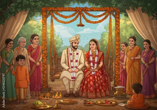 A beautifully illustrated cartoon-style vector artwork depicting a South Asian wedding scene